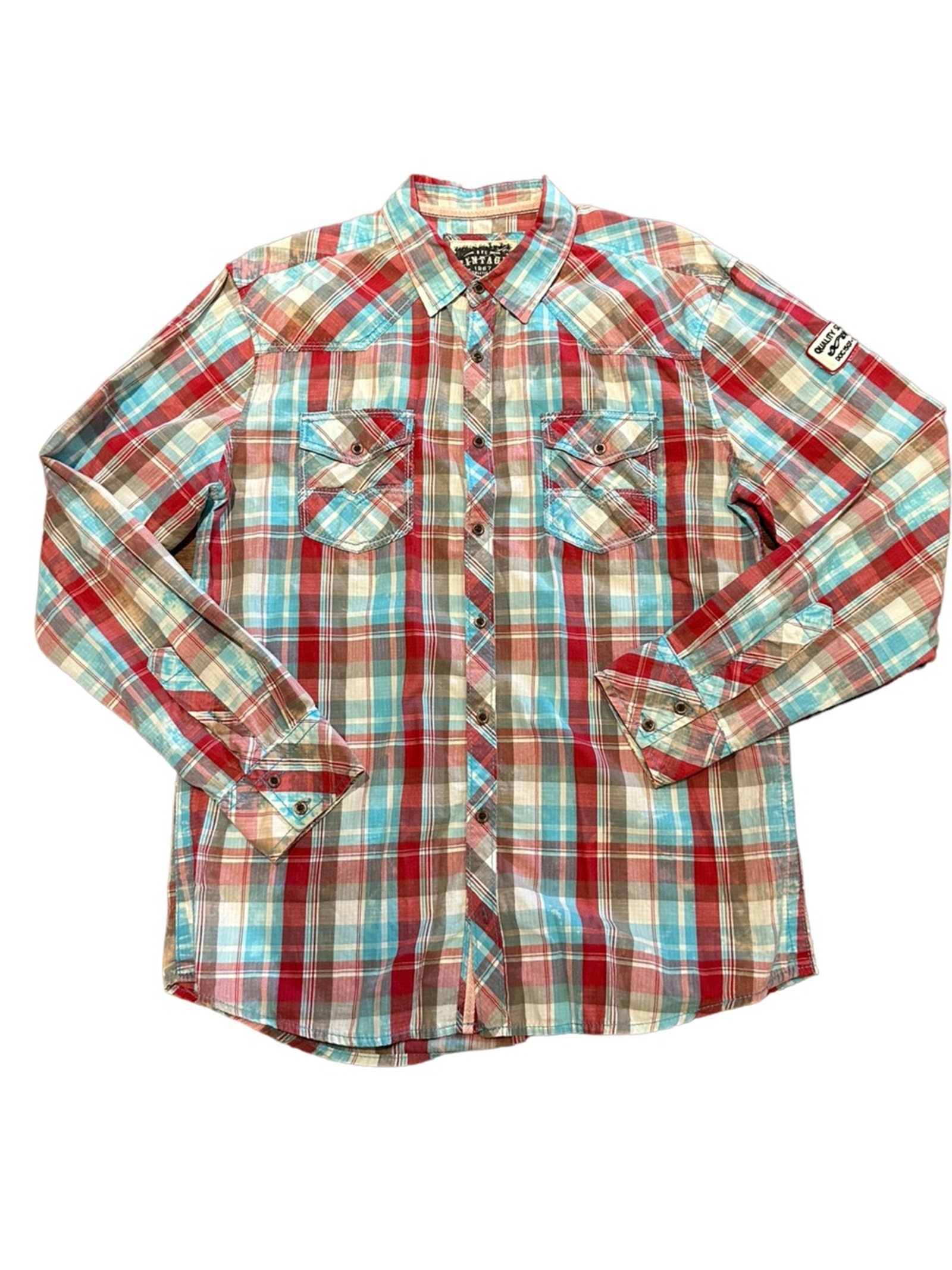 Bke Vintage Mens Large Turquoise And Red Long Sleeve Western Style Shirt